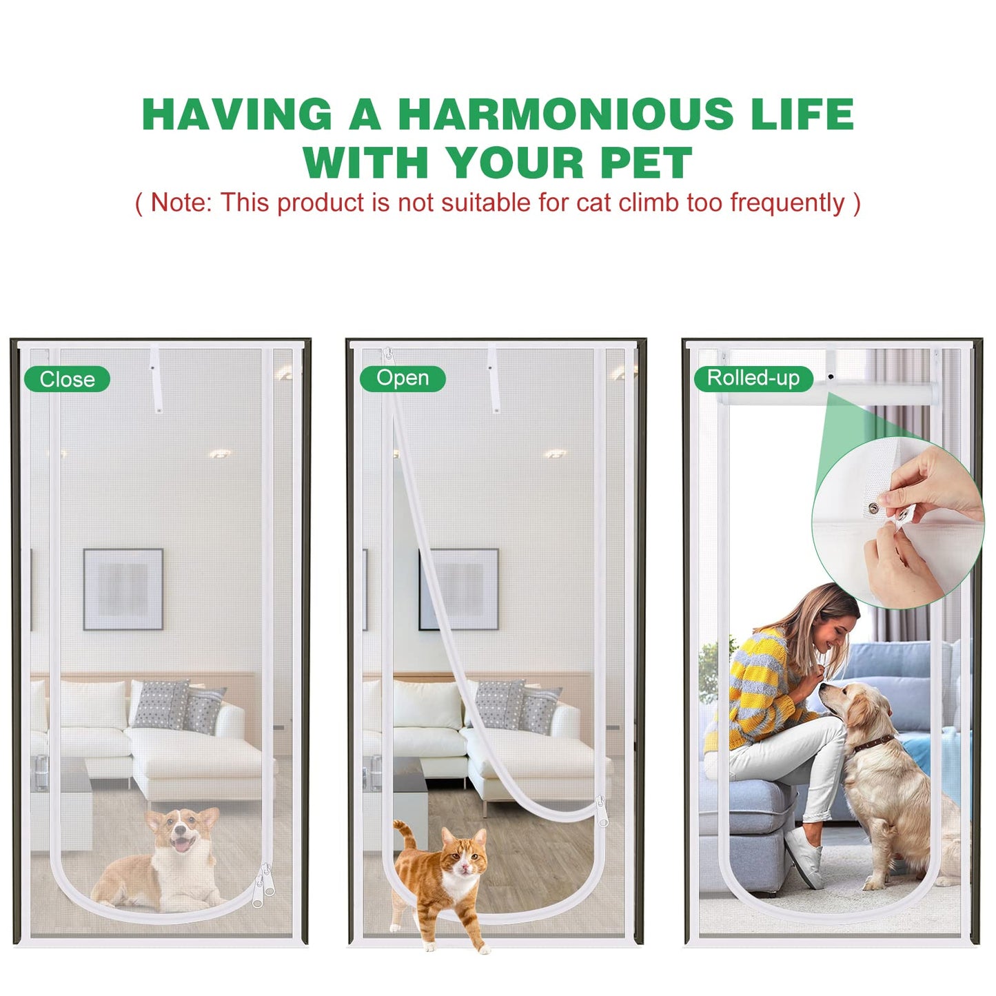 Reinforced Cat Screen Door, 35.5X82” Heavy Duty Pets Proof Screen Door with Bilateral Zipper, Prevent Dogs Cats Running Out from Home, Bedroom, Living Room, Kitchen Patio Doo