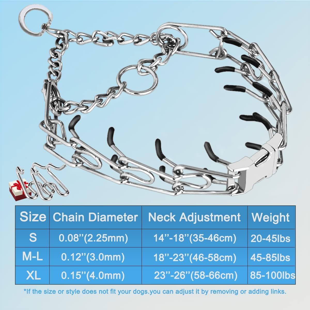 Prong Collar for Dogs, Dog Training Collar, Adjustable Size Dog Pinch No Pull Collar with Quick Release Buckle for Small Medium Large Dogs(Packed with Two Extra Links)