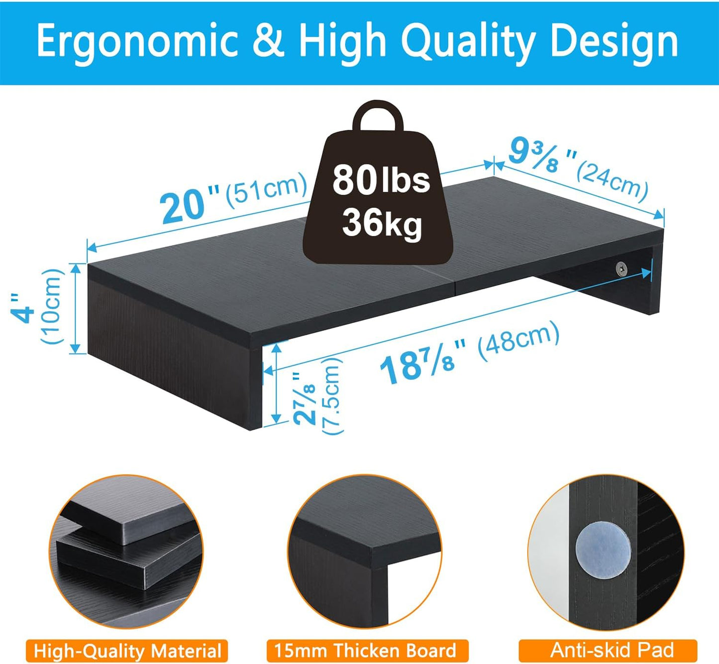 TEAMIX 20-Zoll-Monitorständer, schwarzer Desktop-Ständer für PC/TV/Laptop/Drucker, Monitorständer aus Holz mit Ablagefach, Computerständer mit Tastaturablage 