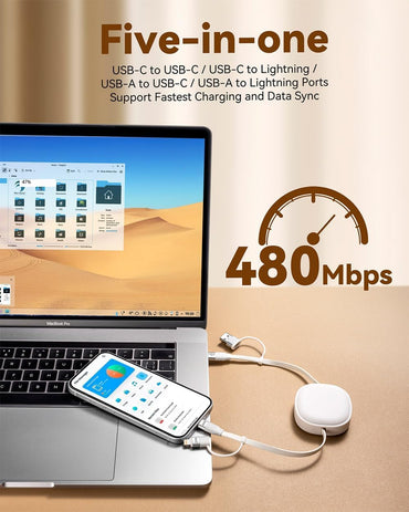 Minlu 65W Retractable Charging Cable,5 in 1 Multi Charger Cable for Travel,USB Type C Charger Cord Fast Charging Cable with USB A/C to USBC+L for iPhone 17 16 15,iPad,Samsung,PS,Macbook-2Pack,3.8ft