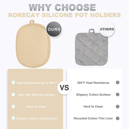 2-Pack Silicone Pot Holders for Kitchen Heat Resistant up to 500°F, Non-Slip Large Hot Pads with Pocket, Quilted Liner Trivets for Countertops Hot Pots and Pans (Gray)