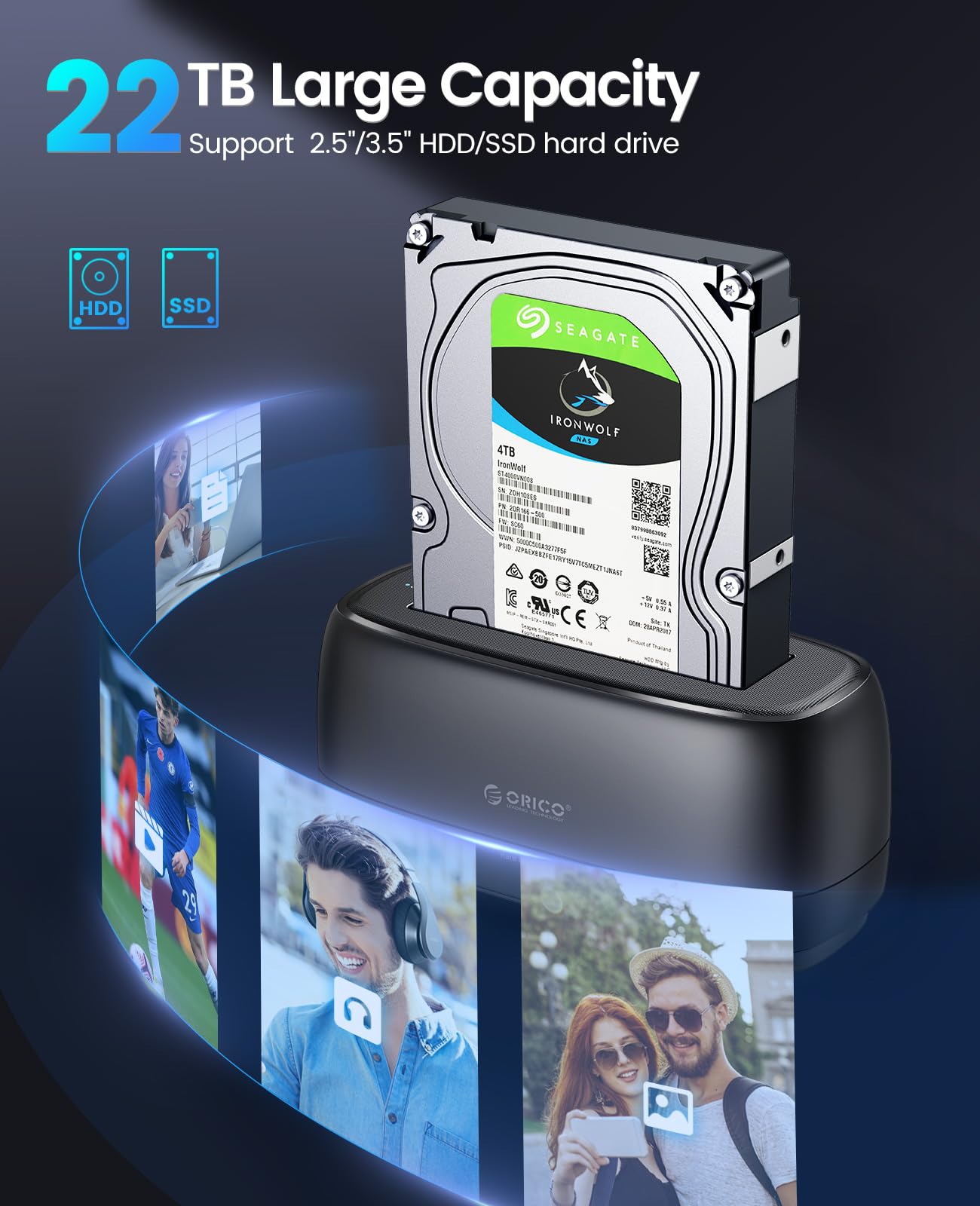 ORICO External Hard Drive Docking Station for 2.5/3.5 Inch HDD SSD USB 3.0 to SATA Hard Drive Dock Up to 22TB Support UASP 12V Power Adapter Supply-DD18