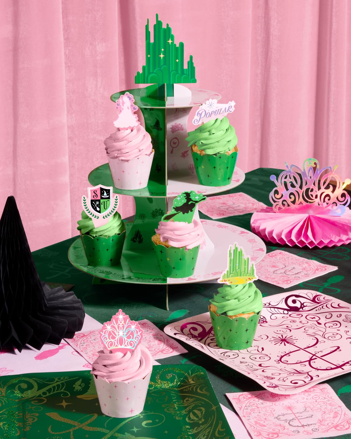 xo, Fetti Pink + Green Witch Cupcake Tower, 3 Tiers | Birthday Display Decorations, Kids Wizard Decor, Girls Cake Stand, Bachelorette Party Dessert Table