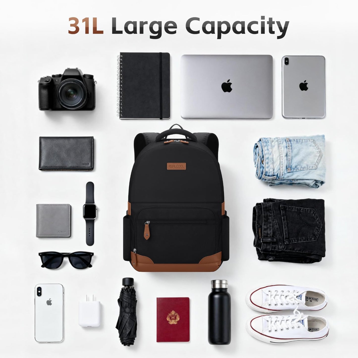 RealCool Laptop Backpack, 31L Travel Backpacks Gift for Women Men, Fits up to 15.6-17 Inch,Water Resistant College Bookbag, for School Business Trip (Black)