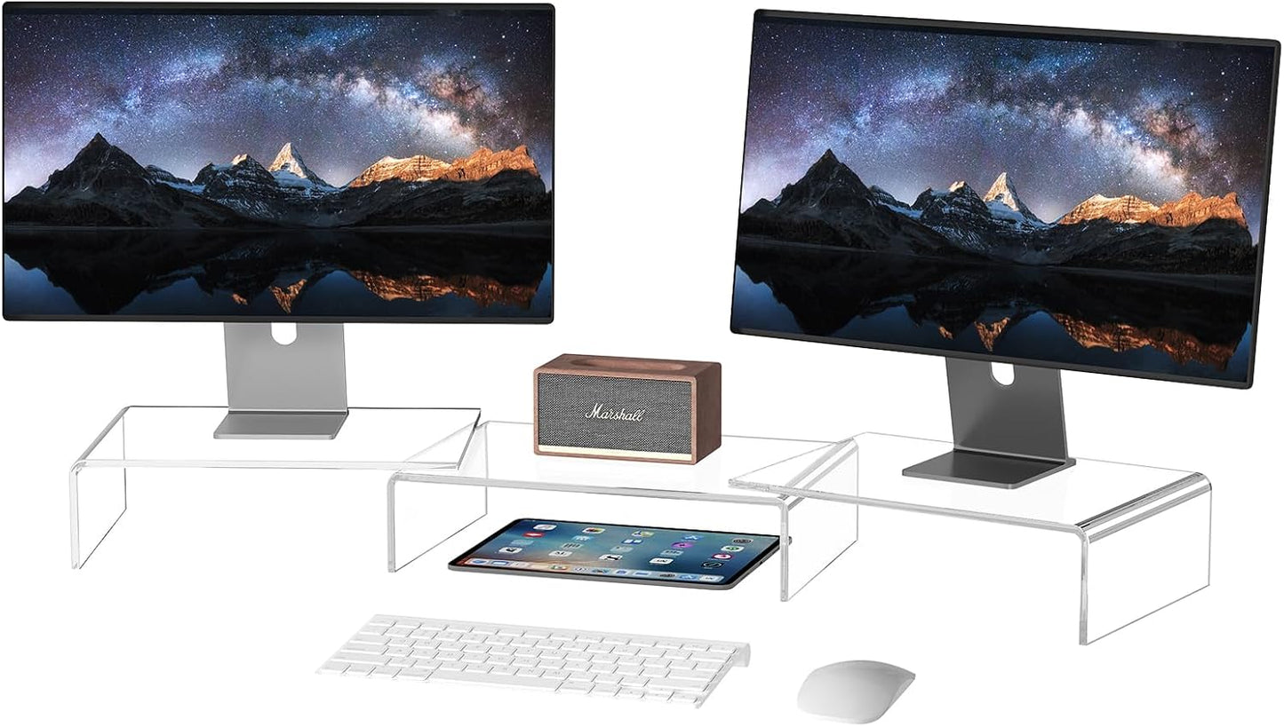 X-cosrack Monitorständer aus transparentem Acryl, 3-fach verstellbarer Doppelmonitorständer mit Antirutschmatte, Premium-Schreibtischorganizer für Homeoffice, Laptops, PCs, Drucker, Fernseher 