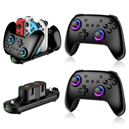 RGB-Switch-Controller-Set (2er-Pack) mit Ladestation, kabelloser Switch Pro Controller für Switch 2 oder 1/Lite/OLED, Gamecontroller mit Hall-Effekt-Joystick, Bewegungssensor, Dual-Vibration, Screenshot-Funktion und Kabel