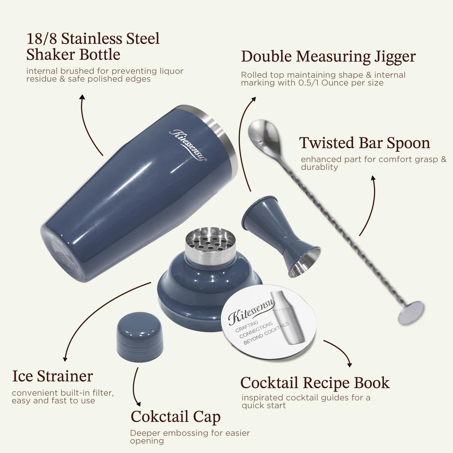 Cocktail Shaker, KITESSENSU 24oz Drink Shaker with Bartender Strainer, Measuring Jigger, Bar Mixing Spoon, Cocktail Recipe Guide, Professional Drink Mixer Set for Beginners, Silver