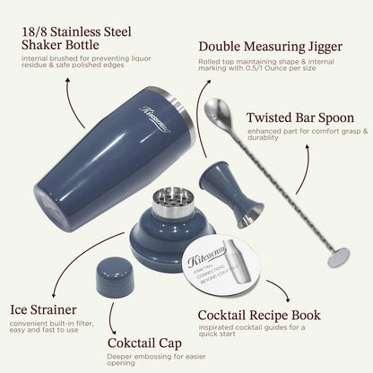 Cocktail Shaker, KITESSENSU 24oz Drink Shaker with Bartender Strainer, Measuring Jigger, Bar Mixing Spoon, Cocktail Recipe Guide, Professional Drink Mixer Set for Beginners, Silver