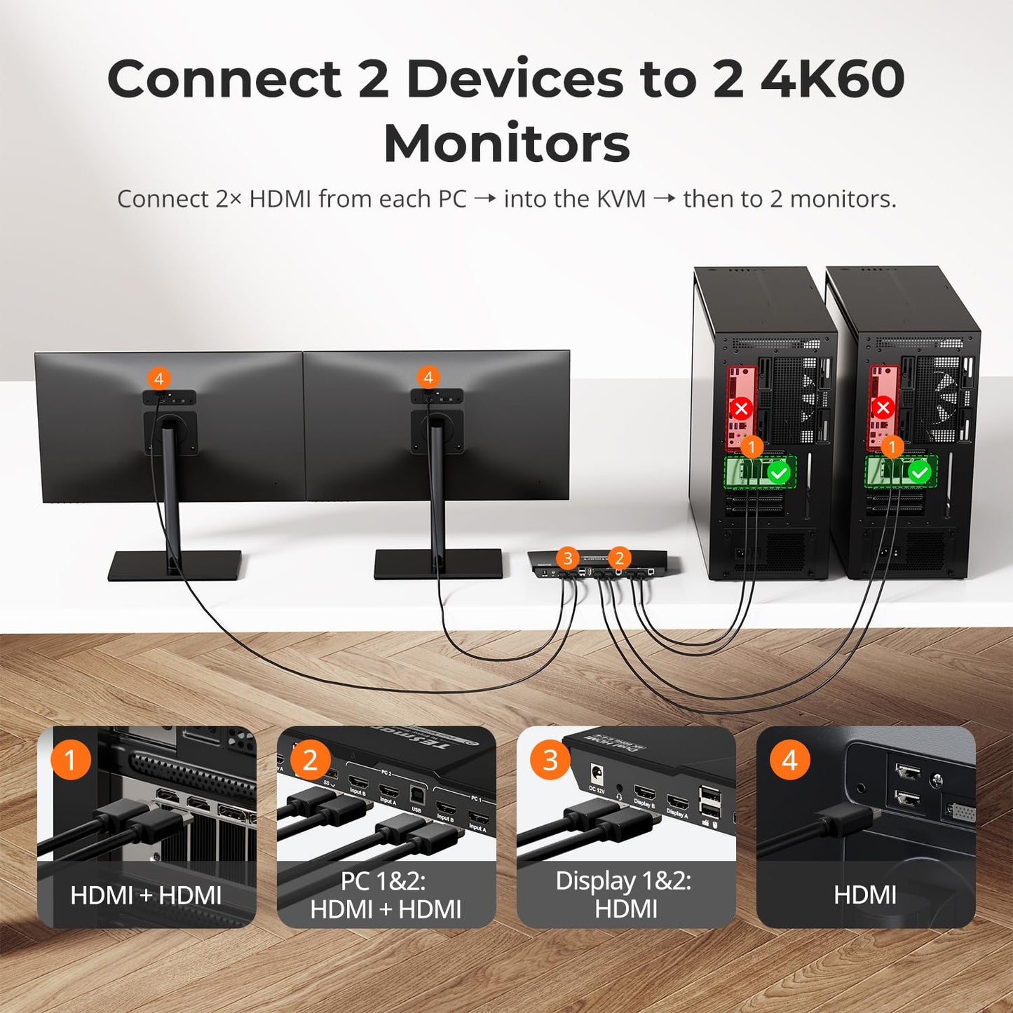 TESmart HDMI KVM Switch 2 Monitors 2 Computers 4K@60Hz, USB 2.0, Dual Monitor KVM Switch HDMI 2 Port Extended Display, EDID emulators, L/R Audio, Hotkey Switch, Button Switch with Input Cables