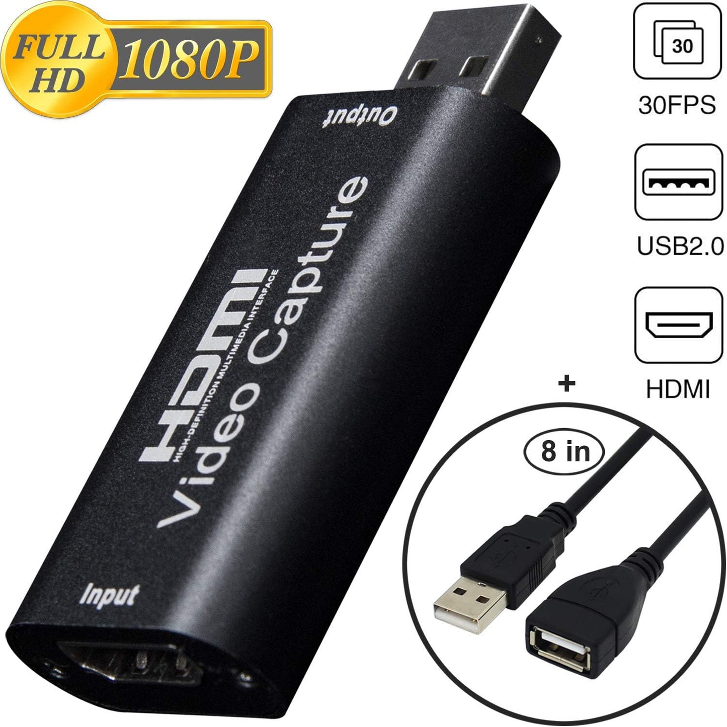 BlueAVS HDMI-zu-USB-Videoaufnahmekarte 1080P für Live-Video-Streaming und Aufnahmen über DSLR-Camcorder und Action-Cam (Schwarz) 