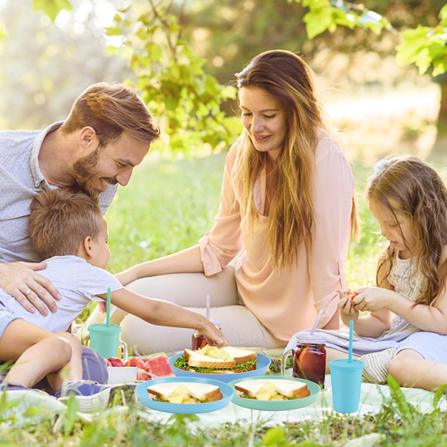 Mfacoy Weizenstroh-Kindergeschirr-Set, bruchsicheres Kindergeschirr-Set – 4 Speiseteller (19,7 cm) und 4 Müslischalen (530 ml), BPA-frei, mikrowellen- und spülmaschinengeeignet, wiederverwendbares Kindergeschirr