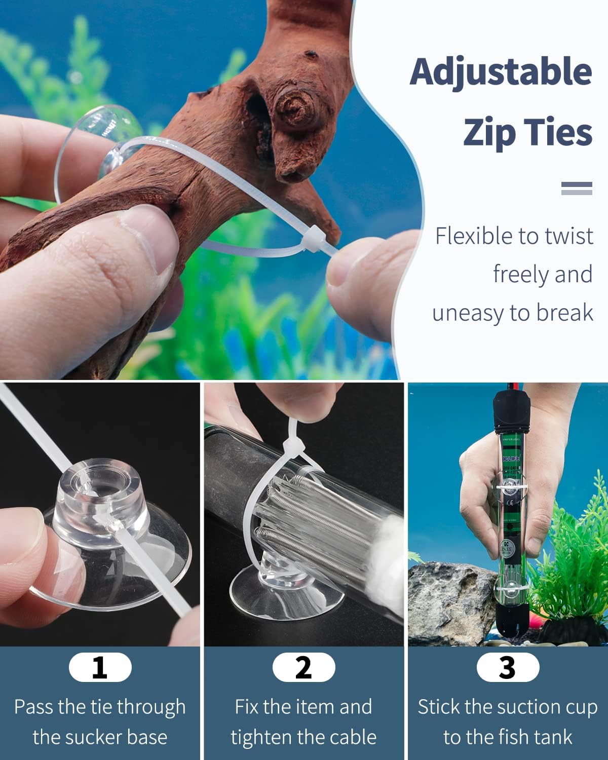 Pawfly 20er-Pack Aquarium-Saugnapf mit Clips und verstellbaren Kabelbindern, Kabel, Aquarienzubehör zum Befestigen von Moos, Luftschläuchen, Dekorationen, Garnelennestern und Reptilien-Hängematten 