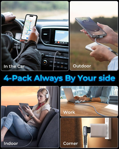 MRGLAS USB C to USB C Cable 60W [4-Pack, 10+6.6+3.3+1.6FT][90°, Gold-Plated] Type C Charger Fast Charging for iPhone 17 16 Pro Max 15 Plus, USB C Charger Cable for Samsung S25 S24,iPad Pro,MacBook Pro