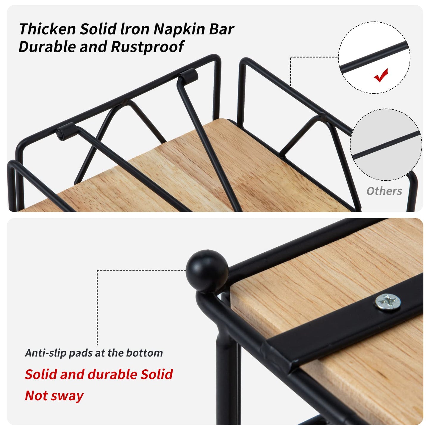 Square Napkin Holder - Durable Table Napkin Dispenser with Weighted Arm, Metal Napkin Storage with Wooden Base, Farmhouse Napkin Holder for Table, Kitchen and Countertops (Black)