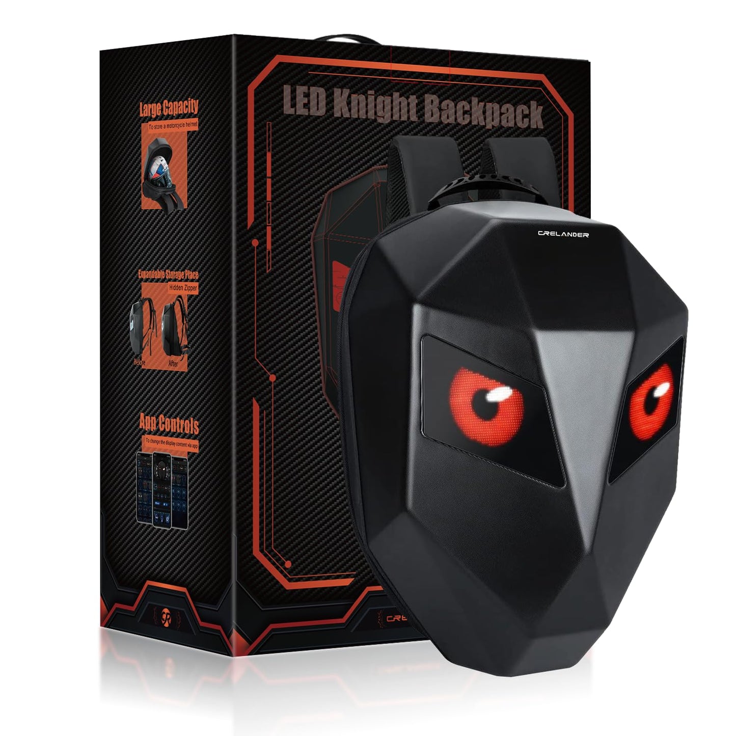 Crelander LED Knight Rucksack, 19-Zoll-Motorradrucksack mit App-Steuerung, programmierbarem Vollfarbdisplay, wasserdicht, großes Fassungsvermögen, Hartschalen-Helmtasche, DIY-Pixel-Art-Animations-Laptop-Tagesrucksack 