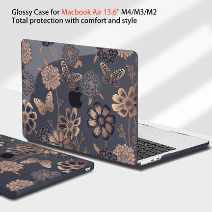 Teryeefi for MacBook Air M2 M3 M4 13.6 Case 2022 2023 2024 2025 Release A2681 A3113 A3240, Clear Hard Shell with Keyboard Cover & USB 3.0 Adapter & Screen Protector, Gold Floral Butterfly
