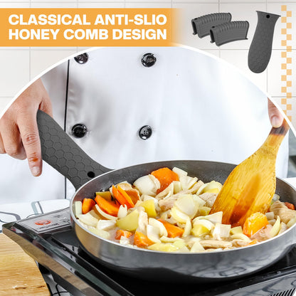 Patelai 8 Pcs Silicone Pot Holders Set Cast Iron Handle Cover Heat Resistant Pot Handle Covers Potholder Non Slip Reusable Pan Sleeve for Frying Pan Kitchen Supplies(Black)