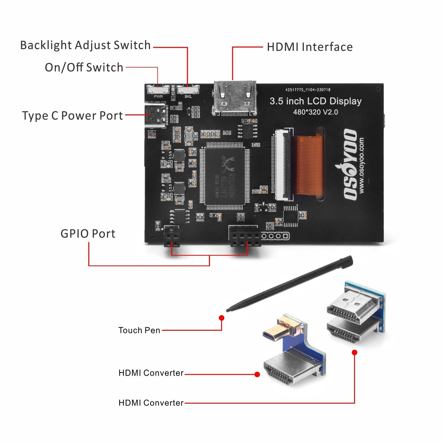 OSOYOO 3.5 inch HDMI LCD Touch Screen Monitor Display TFT 480 * 320 Pixel Resolution for Raspberry Pi 5 4 3 Model B B+ 2 with Stylus Pen