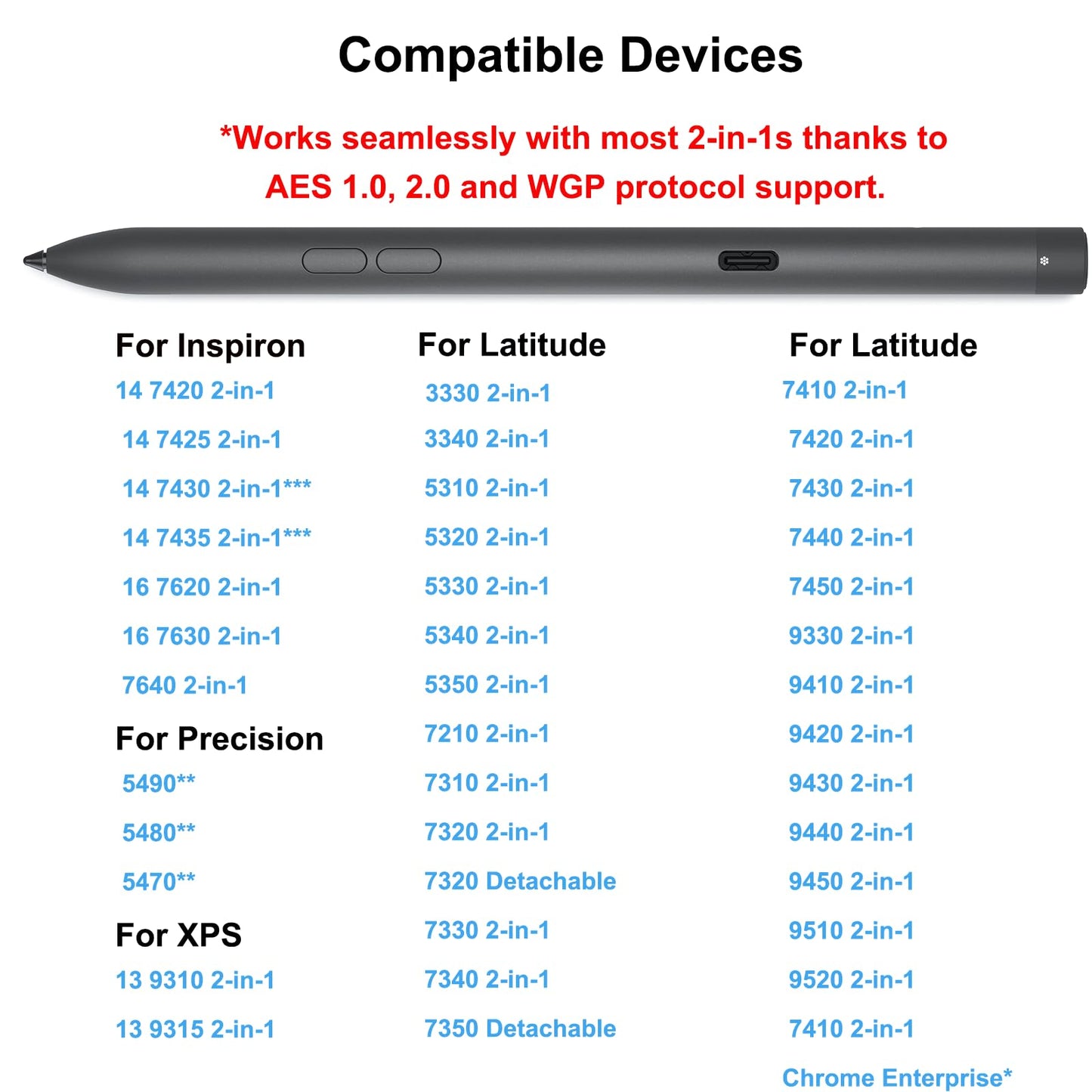 Premier Rechargeable Active Pen for Dell Active Pen PN7522W Laptop Pen,Compatible with Dell 2 in 1 Laptop for Inspiron 7420/7425/7430/7435/7620/7630,for Latitude 5300/5340/7210/7320/7410/9330/9520