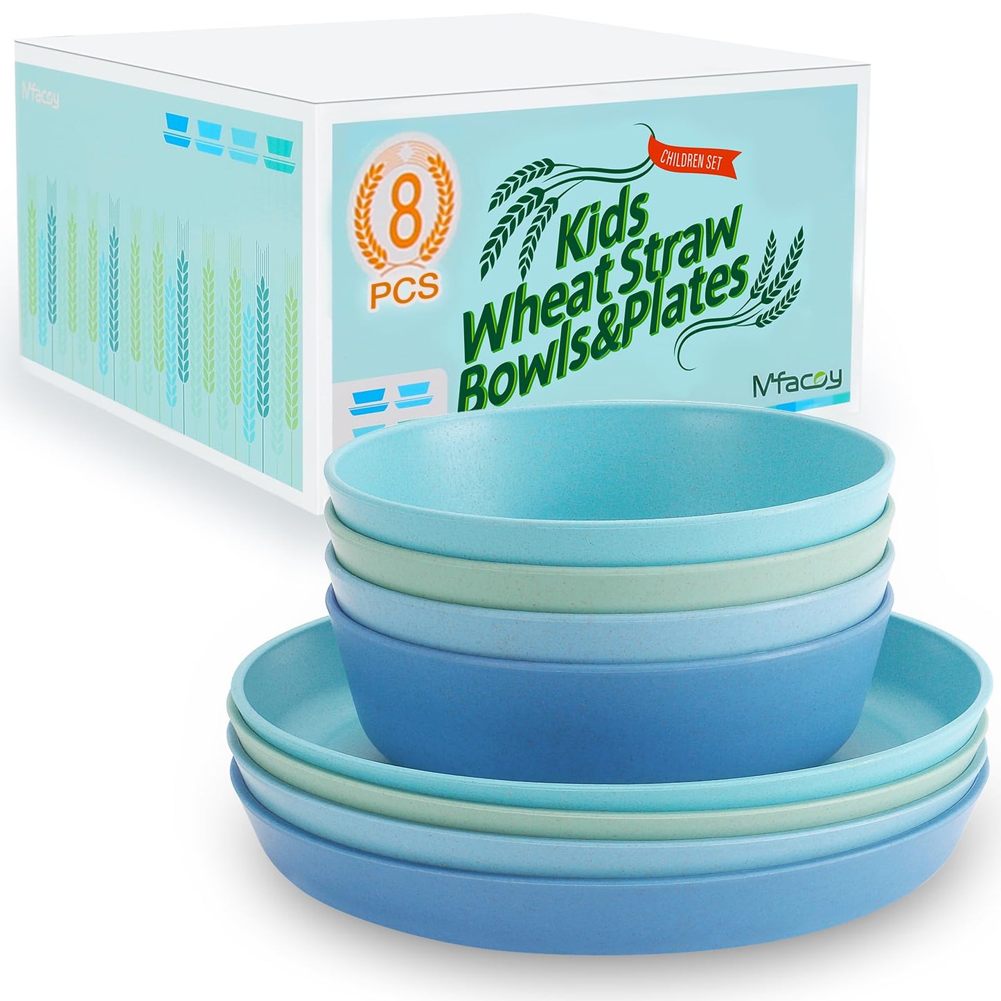 Mfacoy Weizenstroh-Kindergeschirr-Set, bruchsicheres Kindergeschirr-Set – 4 Speiseteller (19,7 cm) und 4 Müslischalen (530 ml), BPA-frei, mikrowellen- und spülmaschinengeeignet, wiederverwendbares Kindergeschirr