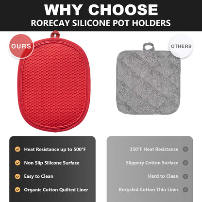 2-Pack Silicone Pot Holders for Kitchen Heat Resistant up to 500°F, Non-Slip Large Hot Pads with Pocket, Quilted Liner Trivets for Countertops Hot Pots and Pans (Gray)
