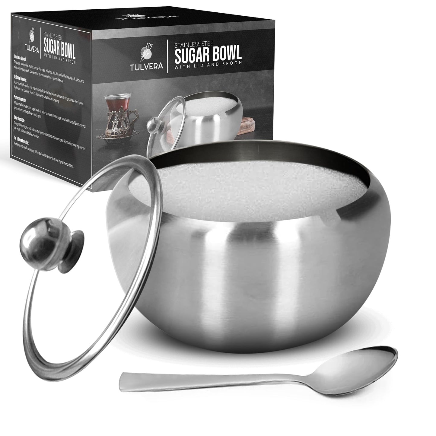 Zuckerdose mit Deckel und Löffel | 350-ml-Zuckerbehälter für die Kaffeebar | Edelstahlbehälter für Salz, Tee, Bonbons, Würfelzucker, braunen Zucker, Ghee | Aufbewahrungszubehör für die Küchenarbeitsplatte | 350 ml