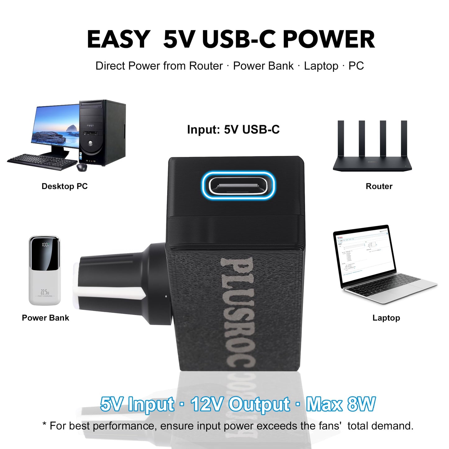 PlusRoc 12V PWM PC Fan Controller with USB Type-C Power Cable & 4-Pin 4-Way Fan Hub Splitter, DC 12V Fan Speed Controller, 8W Output(Lite)