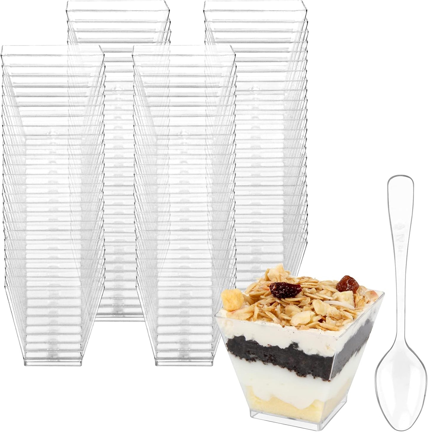 Colovis Mini Dessert Cups, 100 CT 2oz Clear Plastic Parfait Appetizer Cups with Spoons Mini Square Dessert Bowls for Serving, Tasting (100)