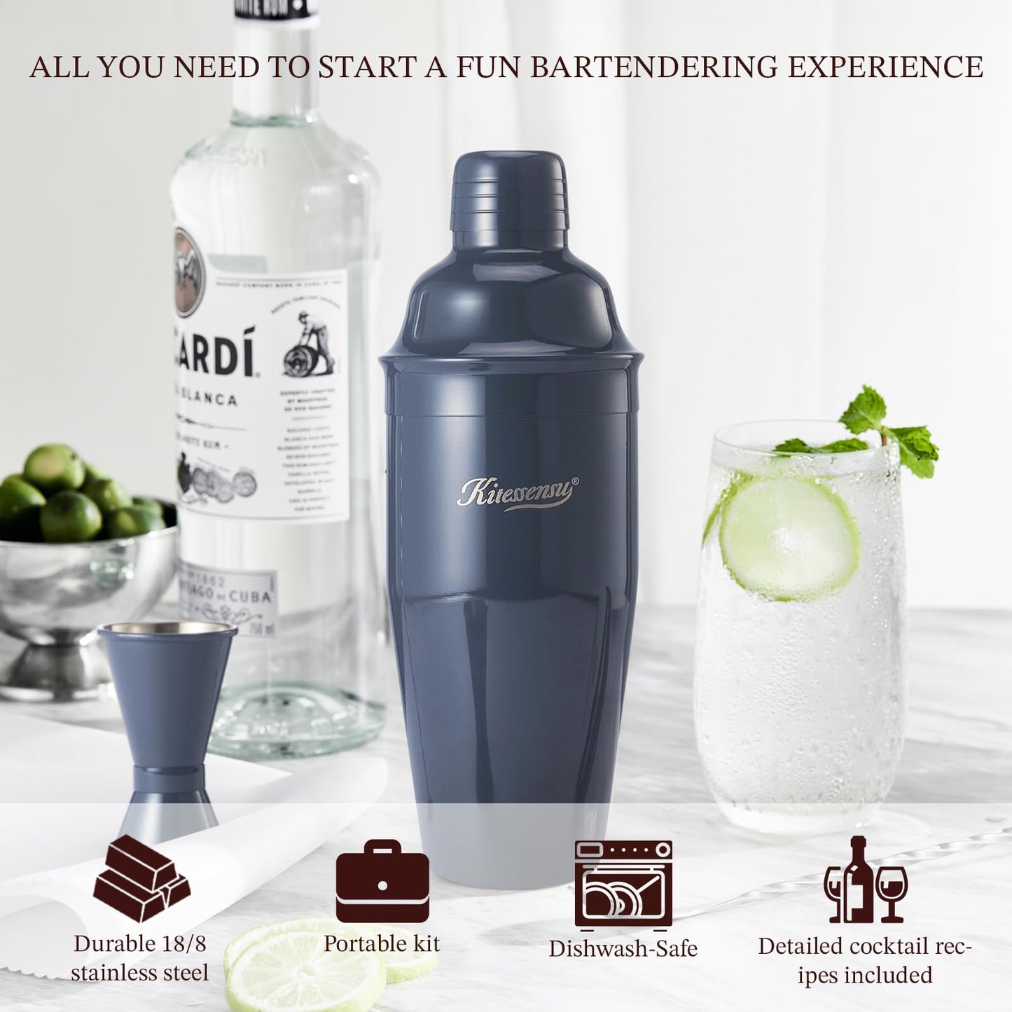 Cocktail Shaker, KITESSENSU 24oz Drink Shaker with Bartender Strainer, Measuring Jigger, Bar Mixing Spoon, Cocktail Recipe Guide, Professional Drink Mixer Set for Beginners, Silver