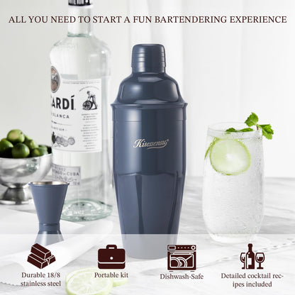 Cocktail Shaker, KITESSENSU 24oz Drink Shaker with Bartender Strainer, Measuring Jigger, Bar Mixing Spoon, Cocktail Recipe Guide, Professional Drink Mixer Set for Beginners, Silver