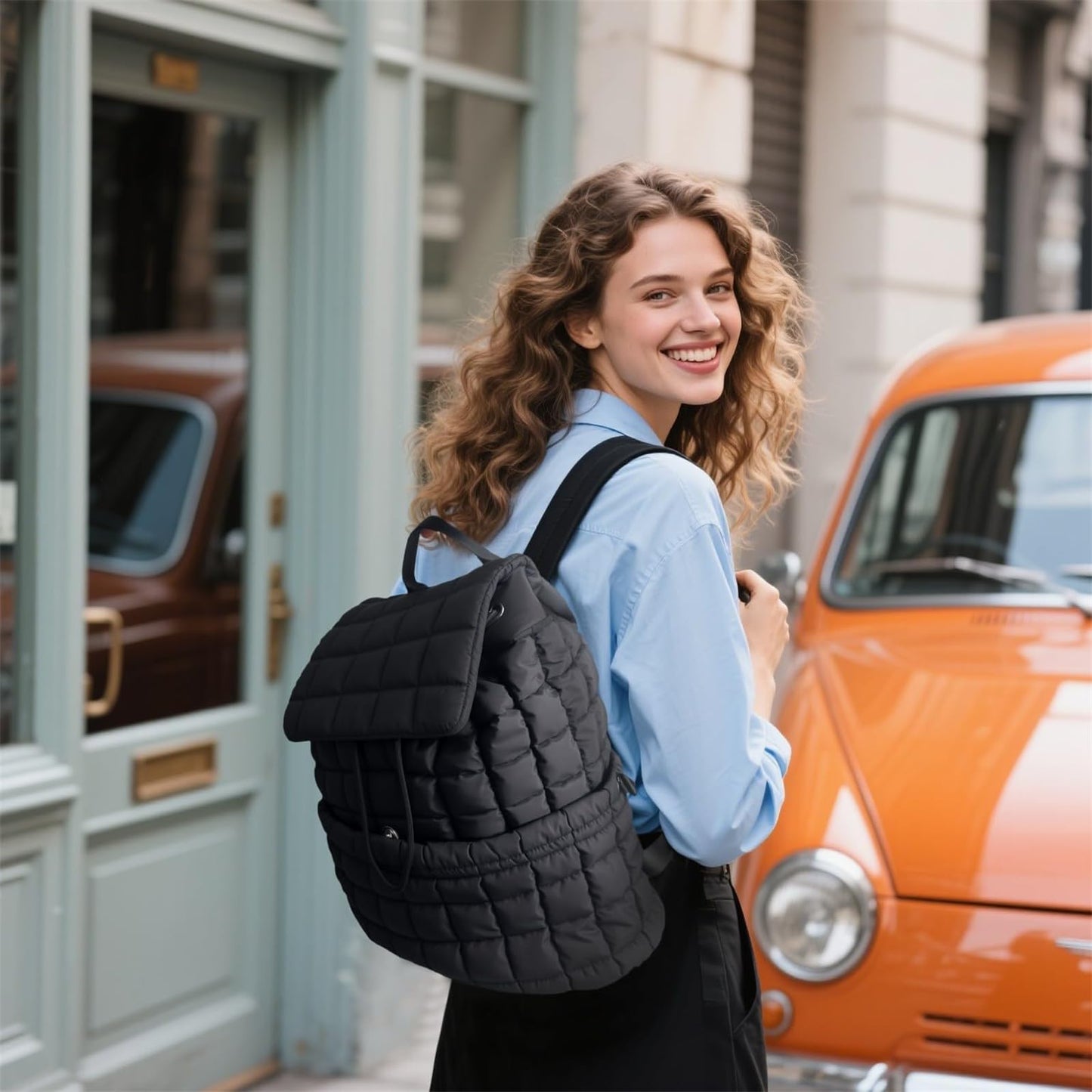 Schwarzer RCRZQ Puffer-Rucksack für Damen, leichter, gesteppter Laptop-Tagesrucksack mit Kordelzugverschluss und stilvollem Diebstahlschutz für Reisen