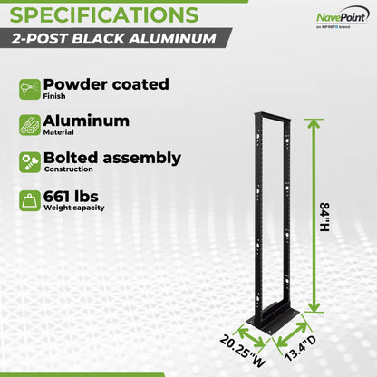 NavePoint 45U 2 Post Open Frame Server Rack for 19 Inch Equipment, AV, Networking, Data & IT Devices, 2-Post Rack 45U 881lbs Weight Capacity, Black