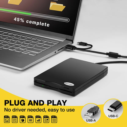 RAAYOO Diskettenleser USB Typ A/C, externes 3,5-Zoll-Diskettenlaufwerk/Player/Konverter, 1,44 MB Diskettenleser, kompatibel mit Windows 11/10/8/7/XP/2000 PC, Laptop und Desktop