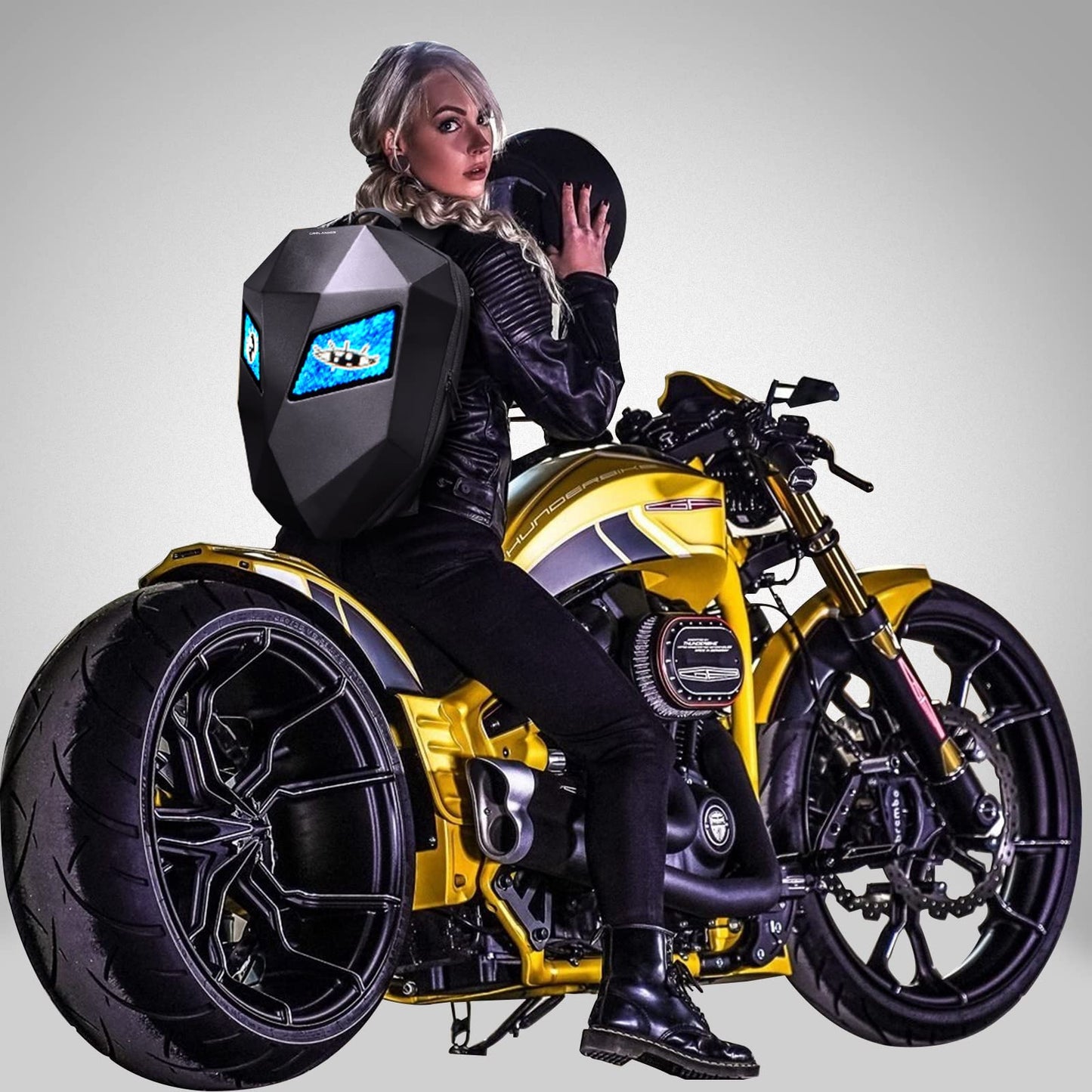 Crelander LED Knight Rucksack, 19-Zoll-Motorradrucksack mit App-Steuerung, programmierbarem Vollfarbdisplay, wasserdicht, großes Fassungsvermögen, Hartschalen-Helmtasche, DIY-Pixel-Art-Animations-Laptop-Tagesrucksack 