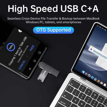 SSK USB 3.2 Flash-Laufwerk 64 GB, bis zu 200 MB/s Lesegeschwindigkeit, USB-C-Speicherstick, Dual-USB-C-Stick mit USB Typ-C- und USB-A-Anschluss, robuster schwarzer Metall-Stick für Smartphones, Tablets, Macs, Laptops, Auto und Fernseher