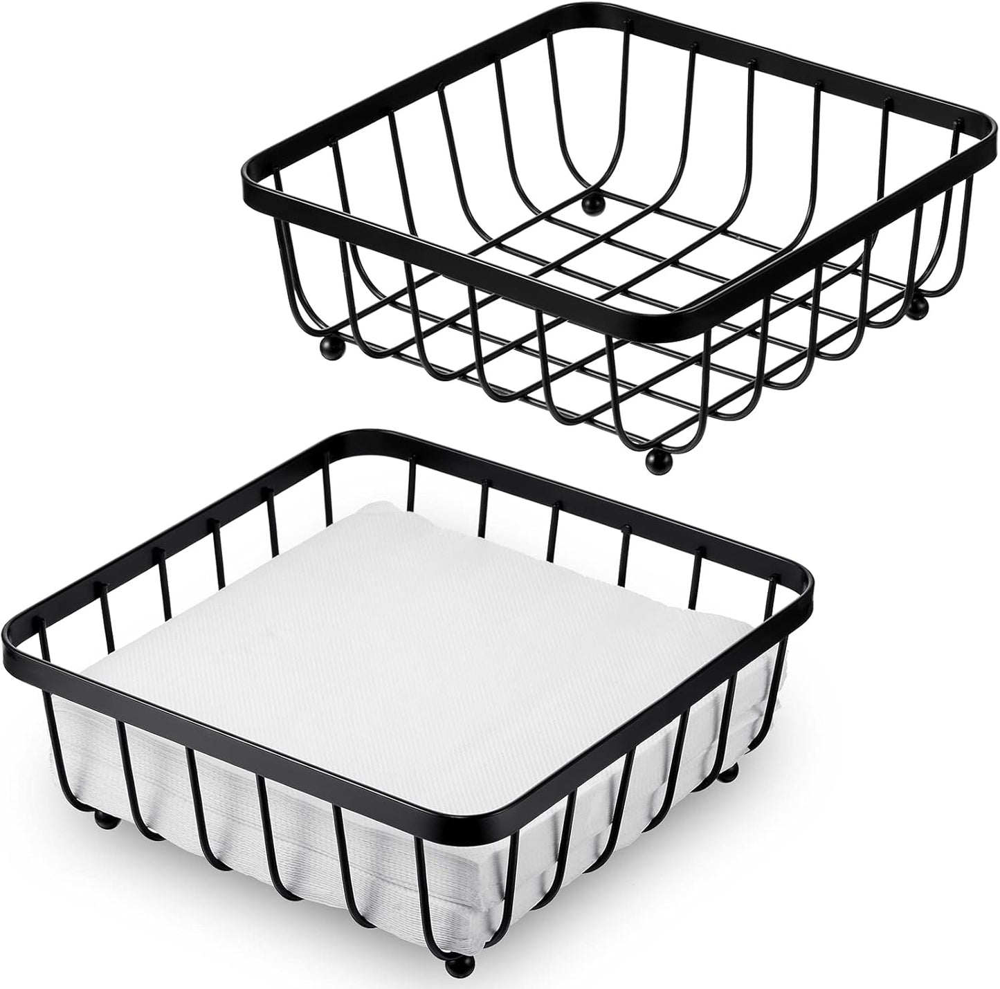 2 Pieces Napkin Holder for Table, Modern Flat Metal Paper Napkin Holder for Kitchen or Dining Room, Square Metal Lattice Basket, Restaurant Towel Dispenser (Black)