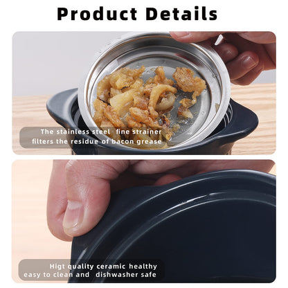 ONTUBE Ceramic Bacon Grease Container Keeper with Strainer, Frying Oil Storage Can, Turquoise