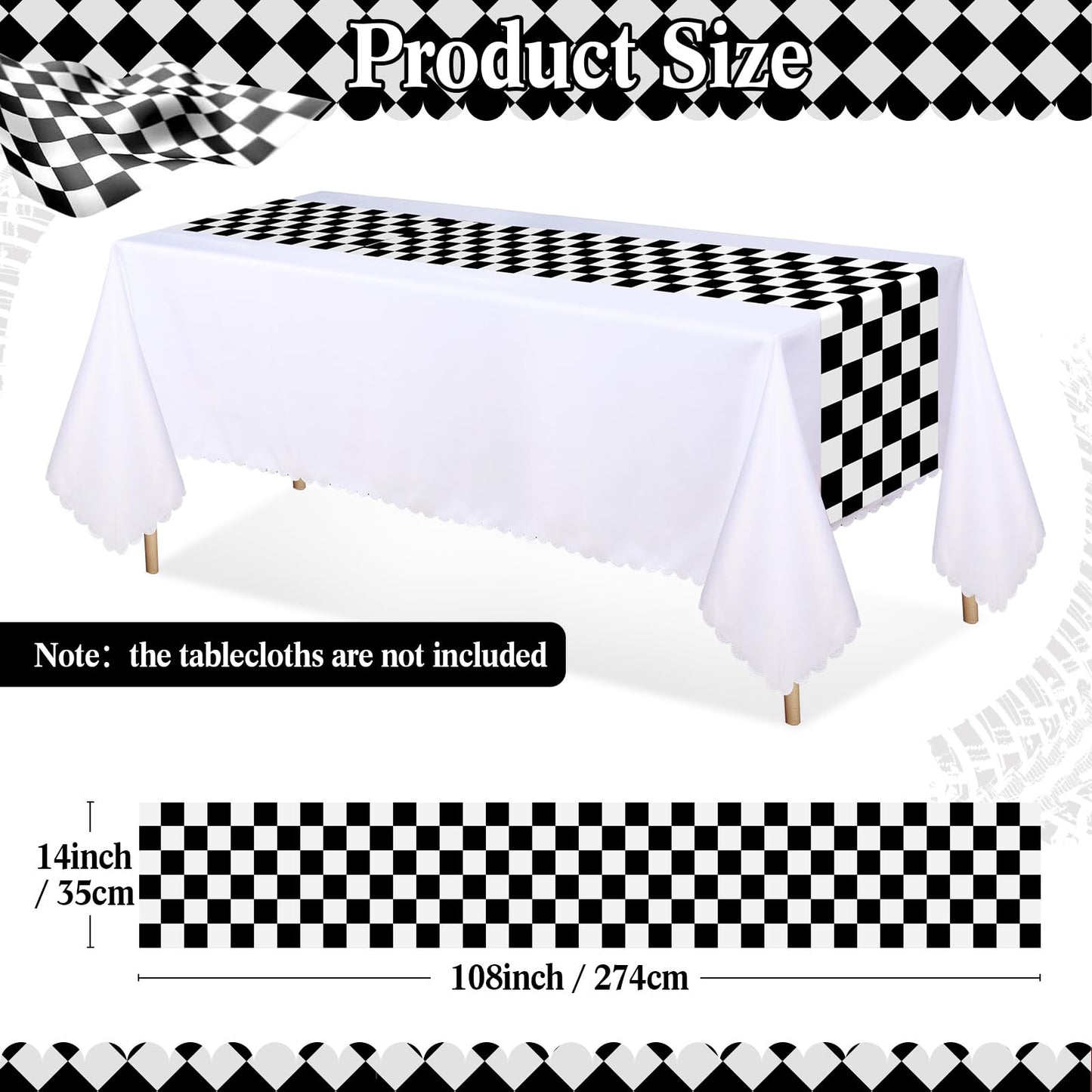 Preboun 6 Pcs Plastic Checkered Table Runner 14 x 108 Inch Racetrack Road Table Runner for Two Fast Car Theme Birthday Racing Party Decor Events Supplies (Black White Checkered)