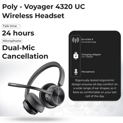 Poly Voyager 4320 UC Kabelloses Headset &amp; Ladestation – Stereo-Kopfhörer mit geräuschunterdrückendem Mikrofonarm + Ladestation + USB-C-auf-A-Adapter + USB-C-Dongle + USB-Netzkabel + Tasche + Mikrofasertuch