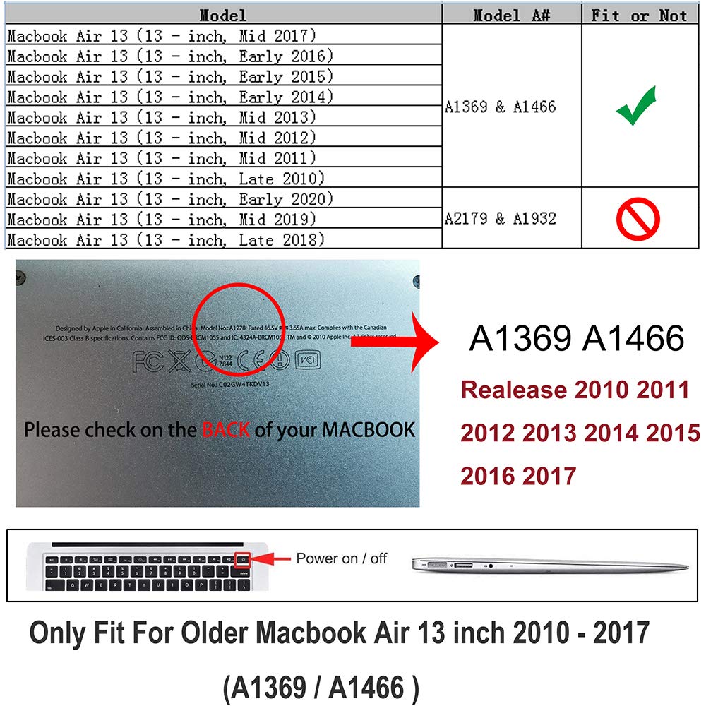 RUBAN Case for MacBook Air 13 Inch (Models: A1369 & A1466, Older Version 2010-2017 Release), Slim Snap On Hard Shell Protective Cover and Keyboard Cover, Black