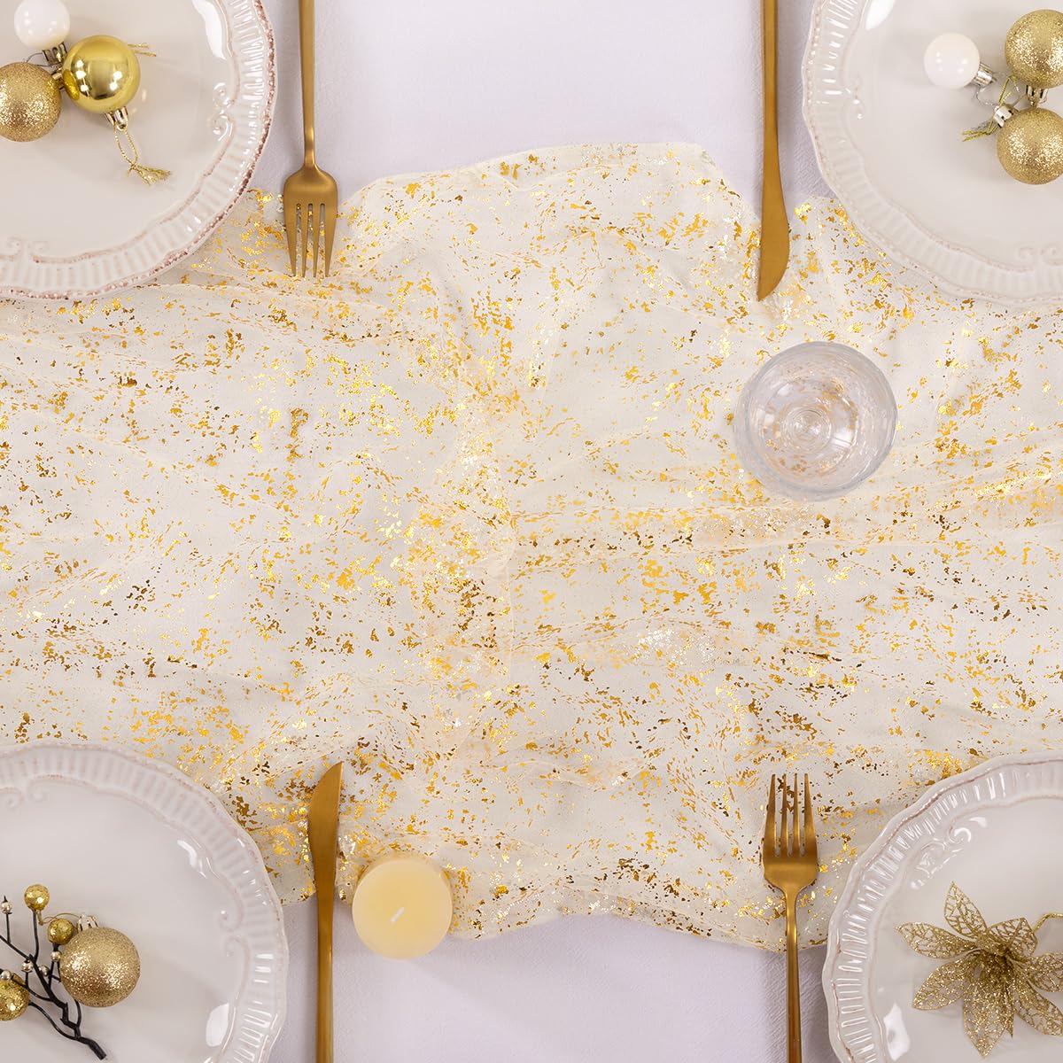 Socomi Christmas Snow Table Runner Gold Gauze Sheer Chiffon Cheesecloth Sequin 10FT Glitter Metallic Foil Dining Wedding Birthday Party Fall Winter Anniversary Holiday Centerpiece Table Decor Beige