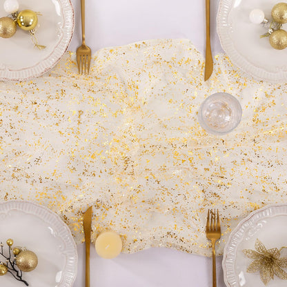 Socomi Christmas Snow Table Runner Gold Gauze Sheer Chiffon Cheesecloth Sequin 10FT Glitter Metallic Foil Dining Wedding Birthday Party Fall Winter Anniversary Holiday Centerpiece Table Decor Beige