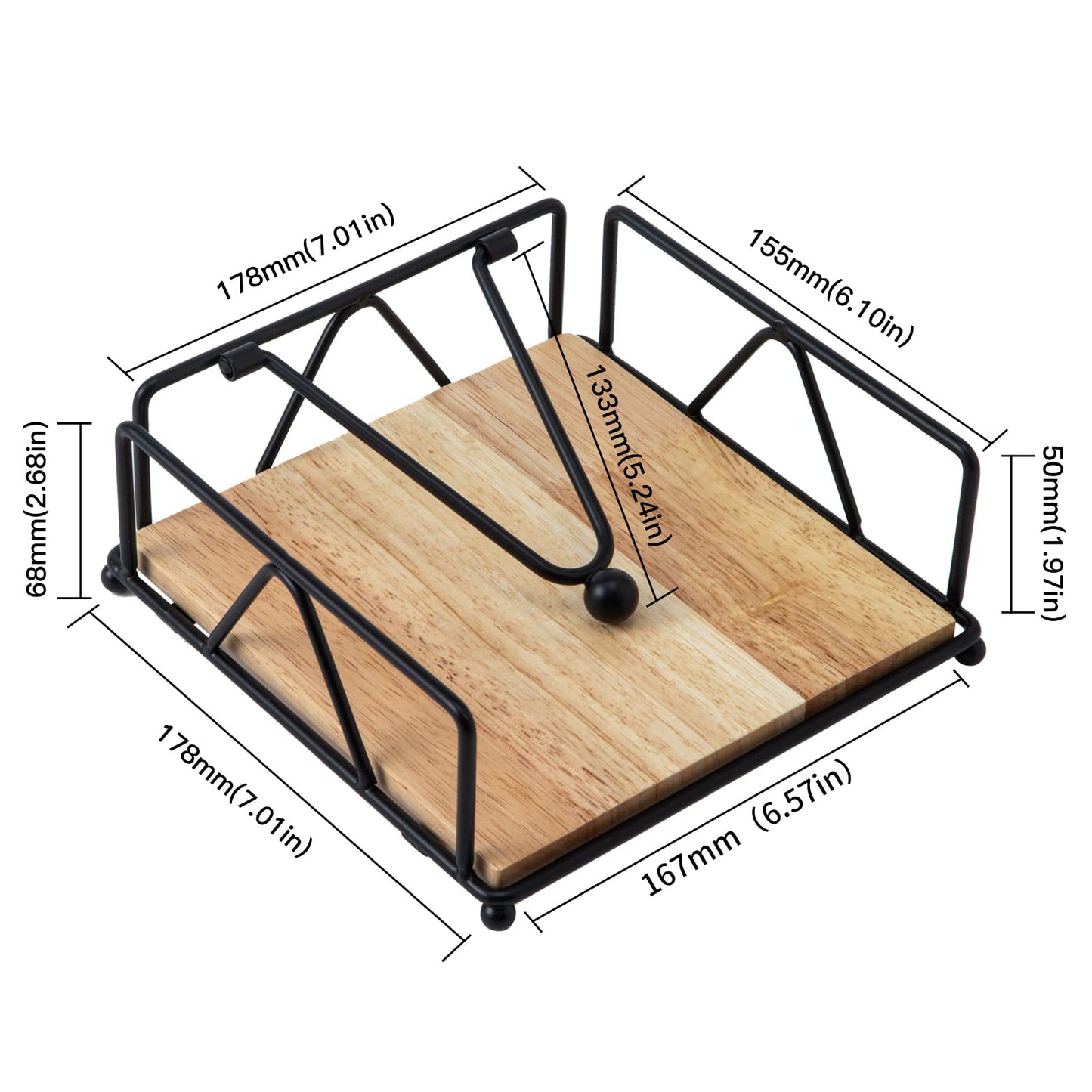 Square Napkin Holder - Durable Table Napkin Dispenser with Weighted Arm, Metal Napkin Storage with Wooden Base, Farmhouse Napkin Holder for Table, Kitchen and Countertops (Black)