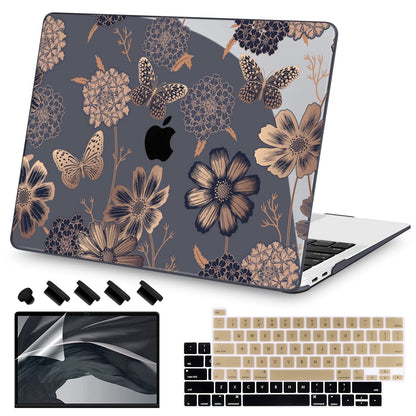 Teryeefi for M1 M2 MacBook Pro 13 inch Case 2022 2020-2016 Release (Model A2338 A2289 A2251 with Touch Bar), Plastic Hard Shell Case & Keyboard Cover & Screen Protector, Gold Flowers