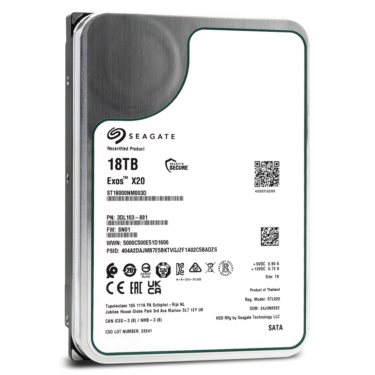 Seagate Exos X20 18TB 7200 RPM 512e SATA 6Gb/s 3.5" Enterprise Hard Drive - ST18000NM003D (Renewed)