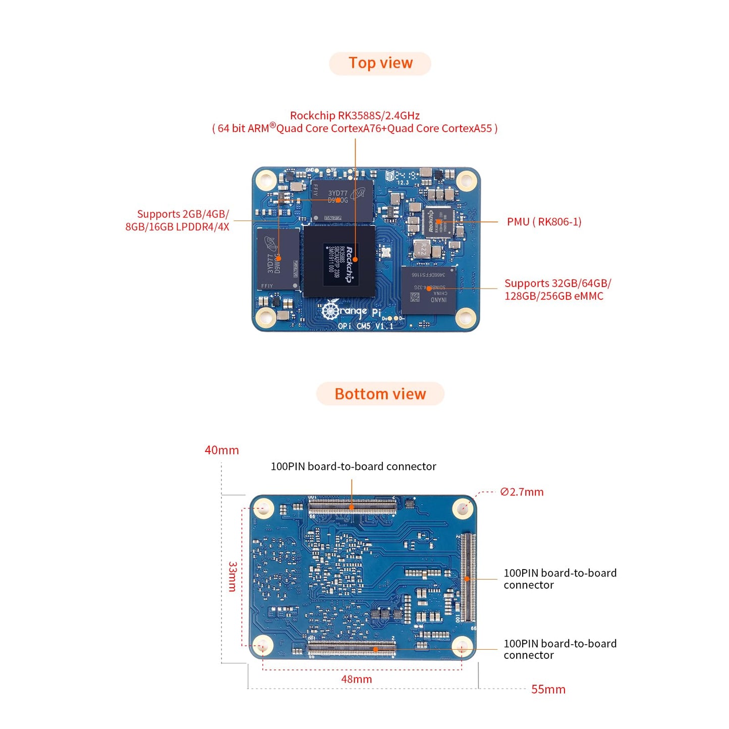 Orange Pi CM5 8GB RAM with 32GB EMMC LPDDR4 Rockchip RK3588S AI Accelerator 6TOPS, Compute Module 5 WiFi Bluetooth BLE Single Board Computer