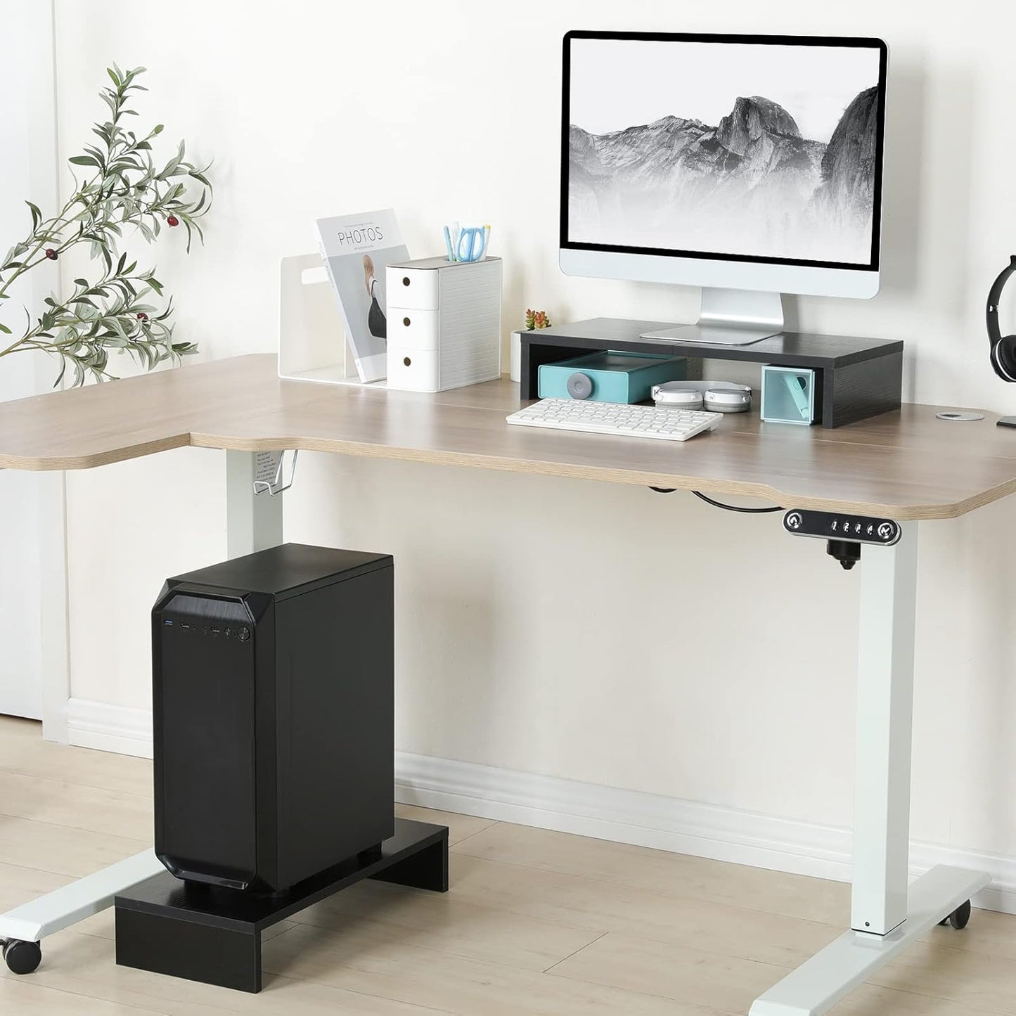TEAMIX 20-Zoll-Monitorständer, schwarzer Desktop-Ständer für PC/TV/Laptop/Drucker, Monitorständer aus Holz mit Ablagefach, Computerständer mit Tastaturablage 