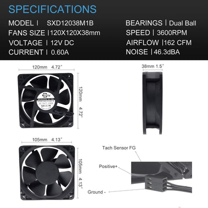 SXDOOL 120MM(120X120X38) High Speed CFM Waterproof Dustproof 12V Cooling Fan,Dual Ball Bearing 3600RPM