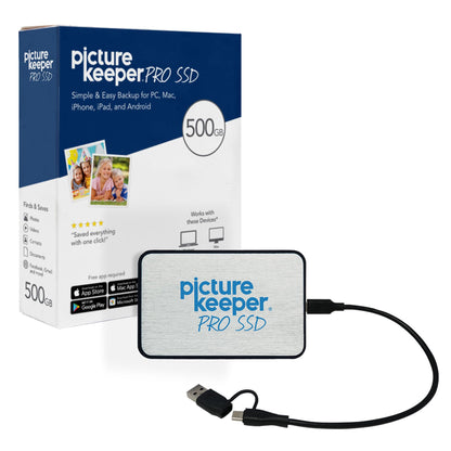 Picture Keeper PRO Tragbare Festplatte 500 GB – USB-Festplatte für PCs, Macs, Laptops und Computer, 1/2 Terabyte tragbarer externer SSD-Speicher für Fotos, Videos und mehr – 500 GB, Silber