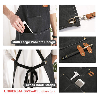 ZOMAO Kochschürze, Baumwoll-Canvas-Schürze mit gekreuztem Rückenteil und Taschen für Damen und Herren, verstellbare Träger und große Taschen, Küchenschürze zum Kochen und Backen 